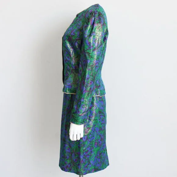 Lillie Rubin Jacket Skirt Suit 2pc Silk Jacquard Abstract Metallic Vintage - Picture 7 of 9